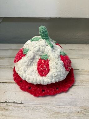 Handmade Strawberry Crochet Baby Hat - White, Red & Green